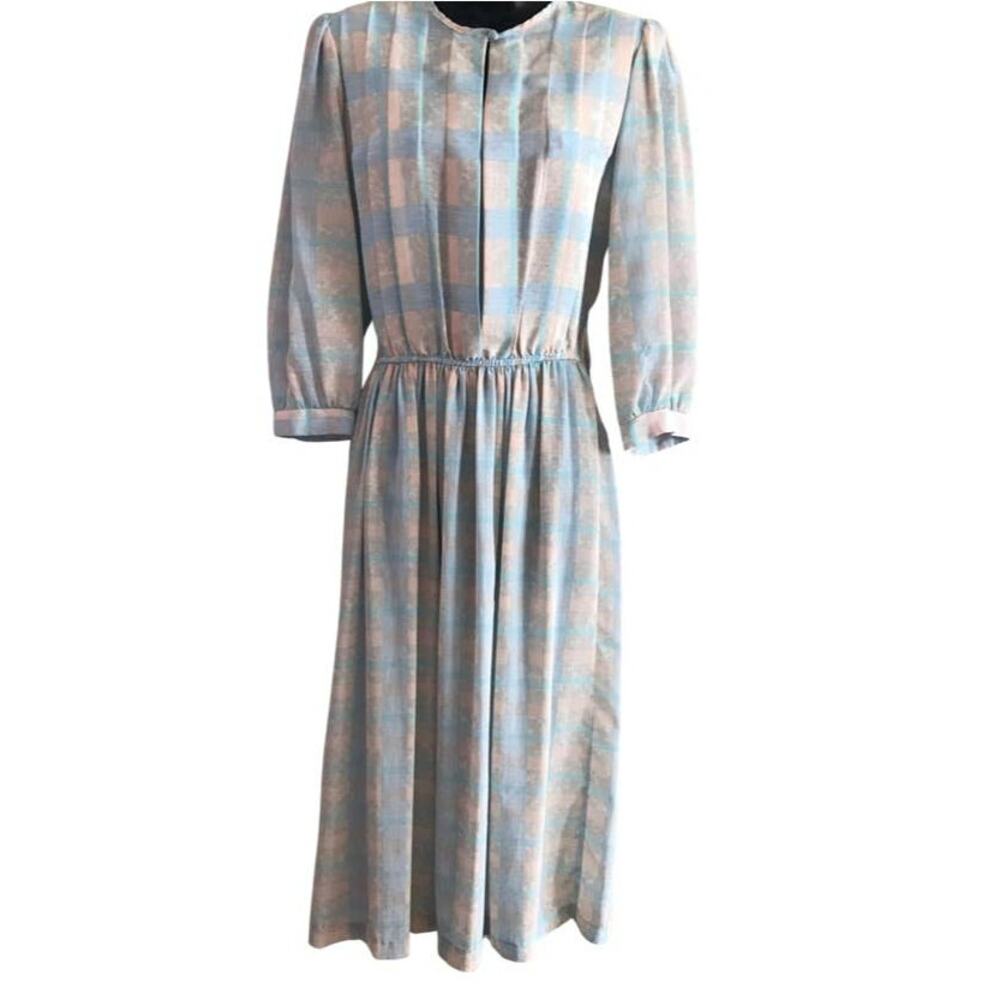 Vintage Jonathan Martin Dress, 1980s Light Blue Plaid Casual Dress Size Medium